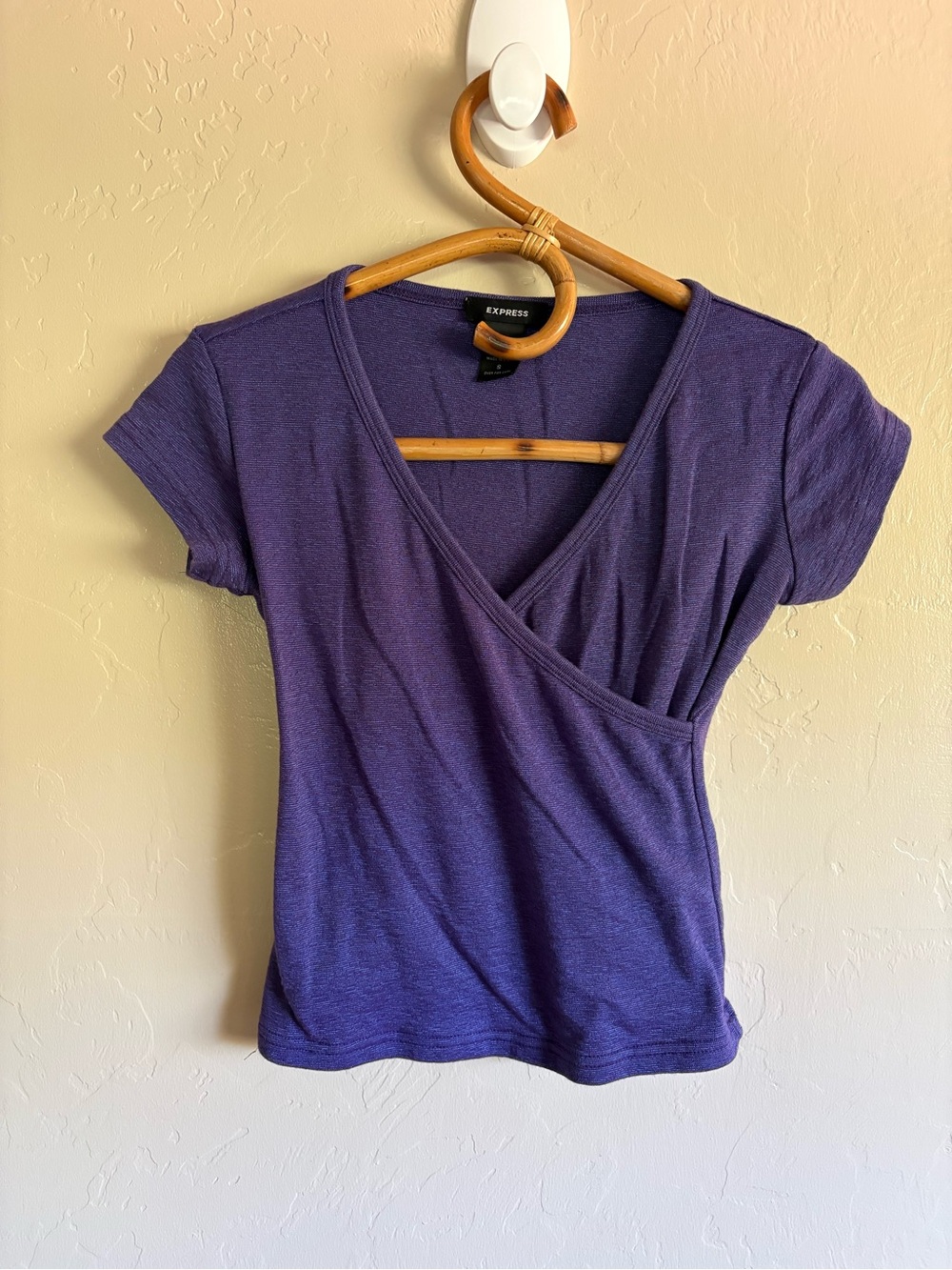 Y2K 2000s Vintage Express Purple Shimmer Faux Wrap V-Neck Short Sleeve Top Small